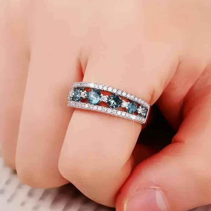 Blue White Cubic Zirconia Geometric Brass Wedding Band Ring for Women