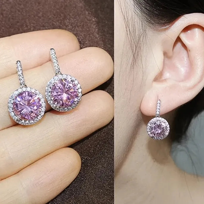 Silver Plated Copper Round CZ Dangle Earrings in Blue Pink Red Yellow