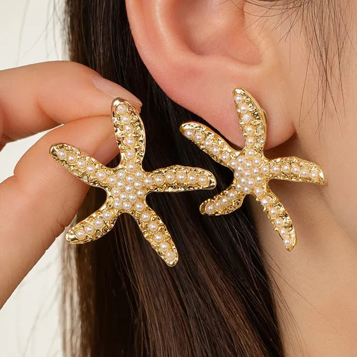 Boho Zinc Alloy Pearl Starfish Drop Earrings for Women Vintage Gift