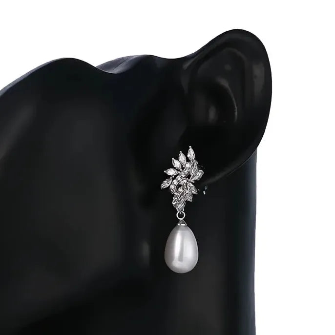 Geometric Water Drop Pearl Earrings with CZ Inlay Copper Alloy Jewelry for Women