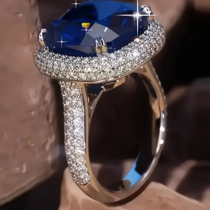 Brass Geometric Cocktail Ring with Blue Cubic Zirconia Wedding Gift