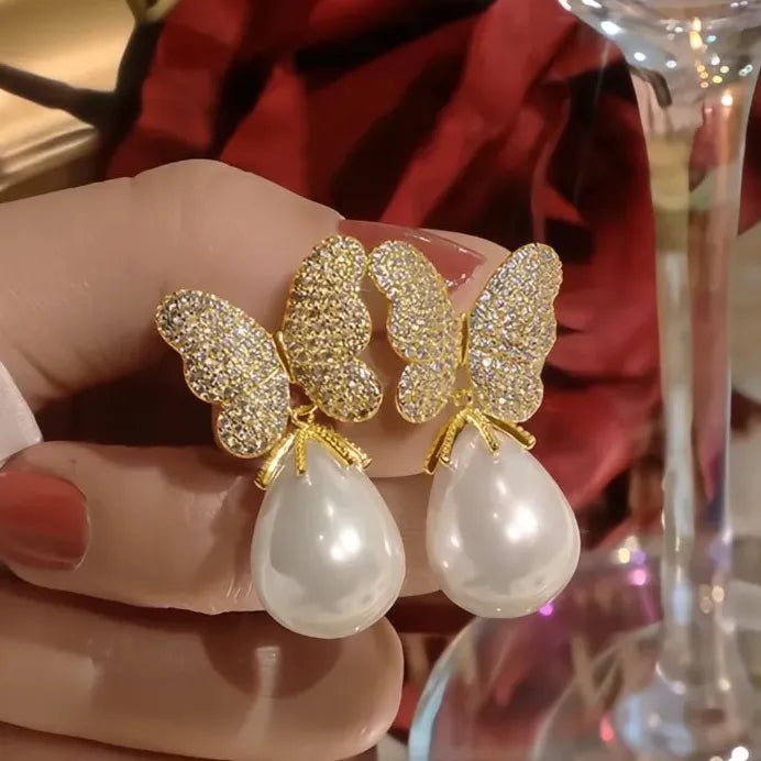 Elegant Butterfly Drop Earrings with Pearl Cubic Zirconia Jewelry for Women