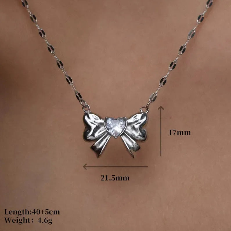 18K Gold Plated Stainless Steel Bow Necklace Women Multicolor Heart Zircon Gift Jewelry
