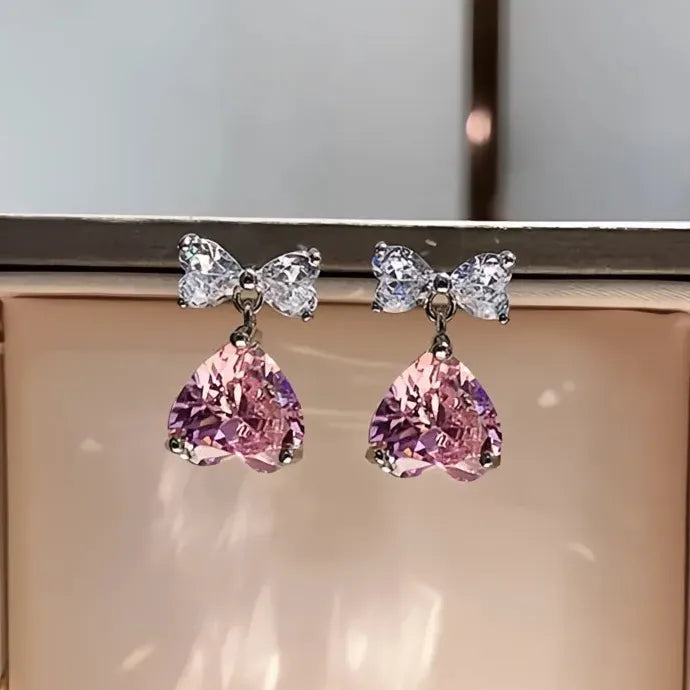 Pink Crystal Cubic Zirconia Drop Earrings Romantic Wedding Jewelry Brass Alloy