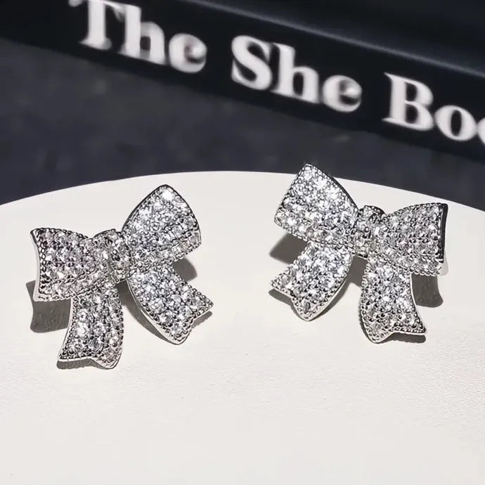 Delicate Bowknot Copper CZ Stud Earrings for Women Wedding Jewelry Gift