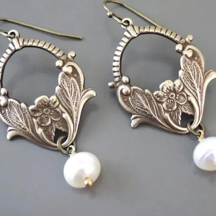 Bohemian Silver Metal Carving Plant Pattern Pearl Drop Earrings for Women