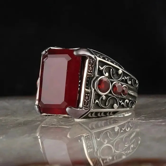 Men's Vintage Silver Zinc Alloy Signet Ring Red Zircon Carved Pattern Punk Biker