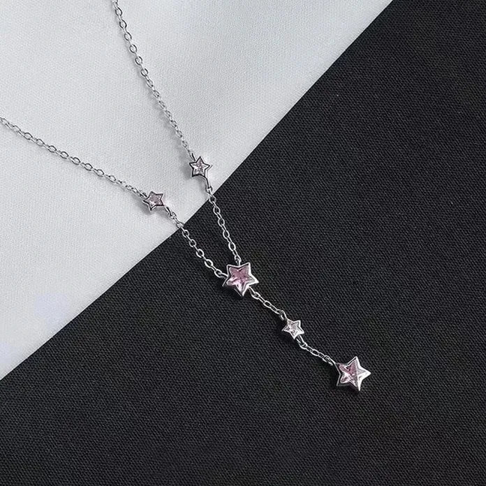 Luxury Stainless Steel Pink Zircon Star Pendant Necklace for Women Y2K