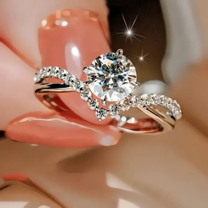 Luxury Women's Geometric Wedding Band Ring with Pave Cubic Zirconia