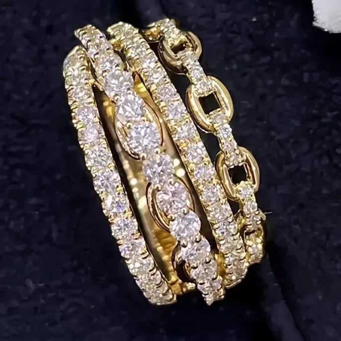 Multi-layer Gold Color Brass Ring with Shiny CZ Inlay for Women Wedding Party