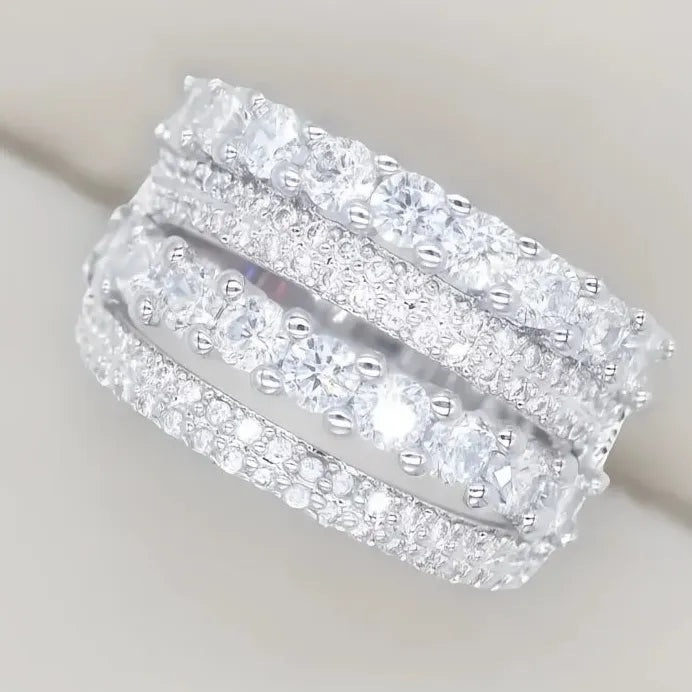 Luxury Wide Silver Wedding Band for Women Full Paved Cubic Zirconia Ring