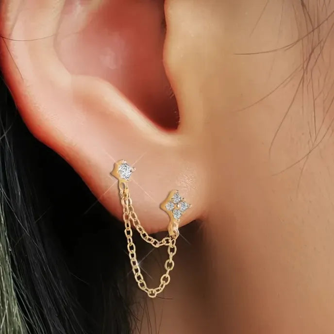 Copper Alloy Cubic Zirconia Double Piercing Tassel Drop Earrings for Women Stylish Geometric Design