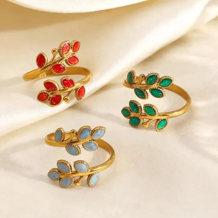 Gold Stainless Steel Leaf Cocktail Rings for Women Vintage Red Blue Green Jewelry