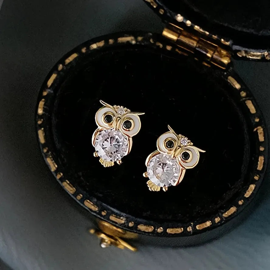 Gold Color Owl Stud Earrings Women Cubic Zirconia Night Owl Jewelry Cute Gift Party