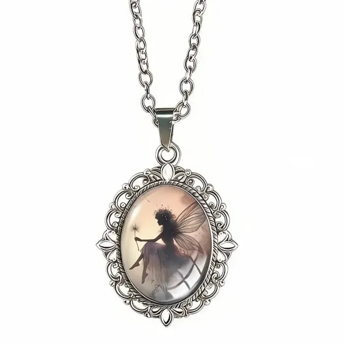 Vintage Oval Fairy Dandelion Glass Pendant Necklace Zinc Alloy Gift