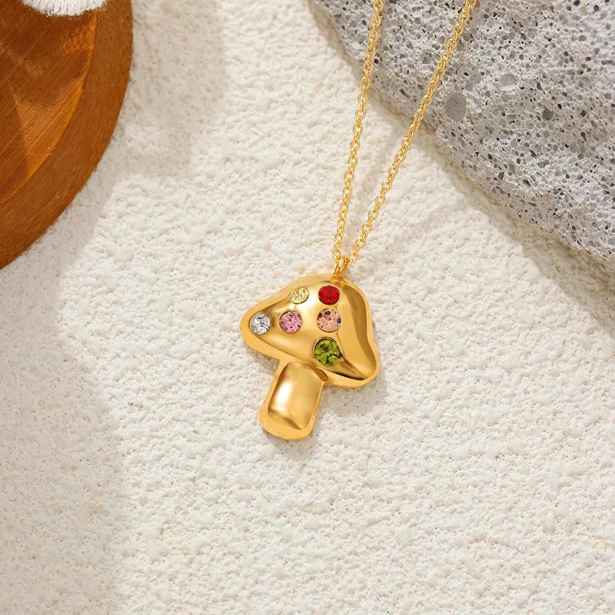 2025 Stainless Steel Mushroom Pendant Necklace Women Girls Zircon Jewelry Gift