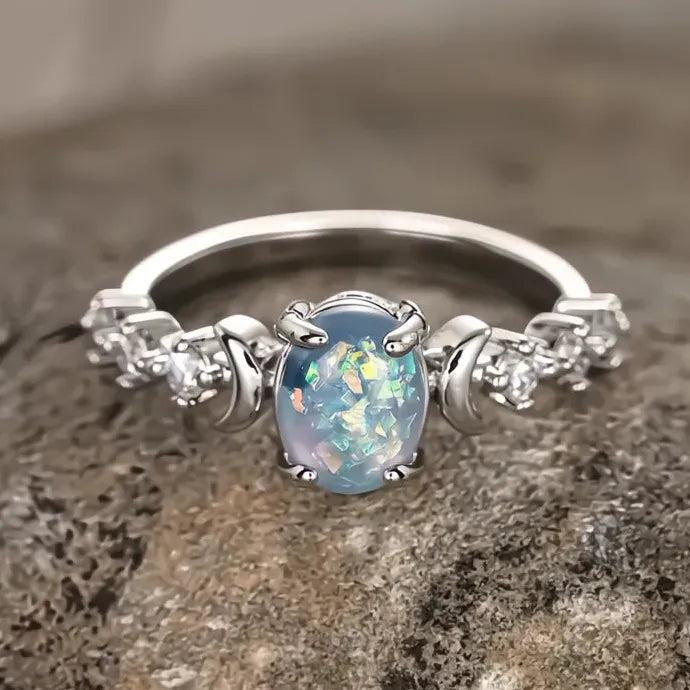 Oval Imitation Opal Wedding Band Ring for Women Brass Cubic Zirconia Jewelry
