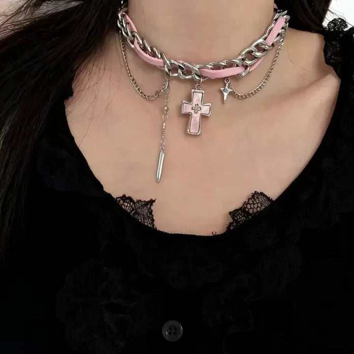 Adjustable Y2K White Zircon Cross Rivet Star Tassel Leather Choker Necklace