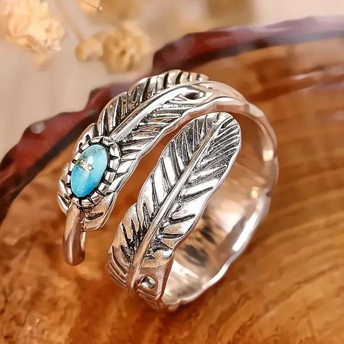 Vintage Feather Ring with Imitation Turquoise for Women Silver Jewelry