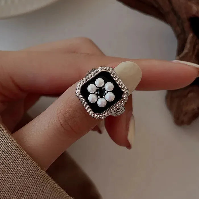 Adjustable Vintage White Pearl Double Layer Geometric Crystal Mood Tracker Ring for Women