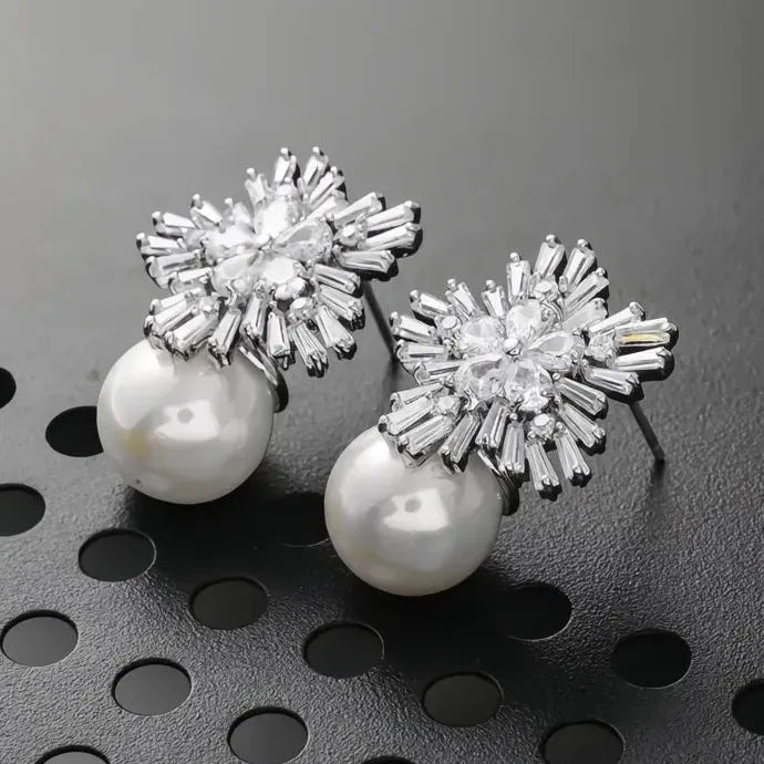 Simulated Pearl & Cubic Zirconia Geometric Drop Earrings for Women Brass Alloy