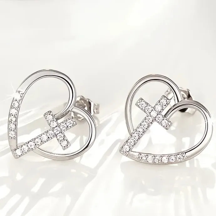 Heart Cross Cubic Zirconia Stud Earrings Copper Alloy Religious Jewelry Gift
