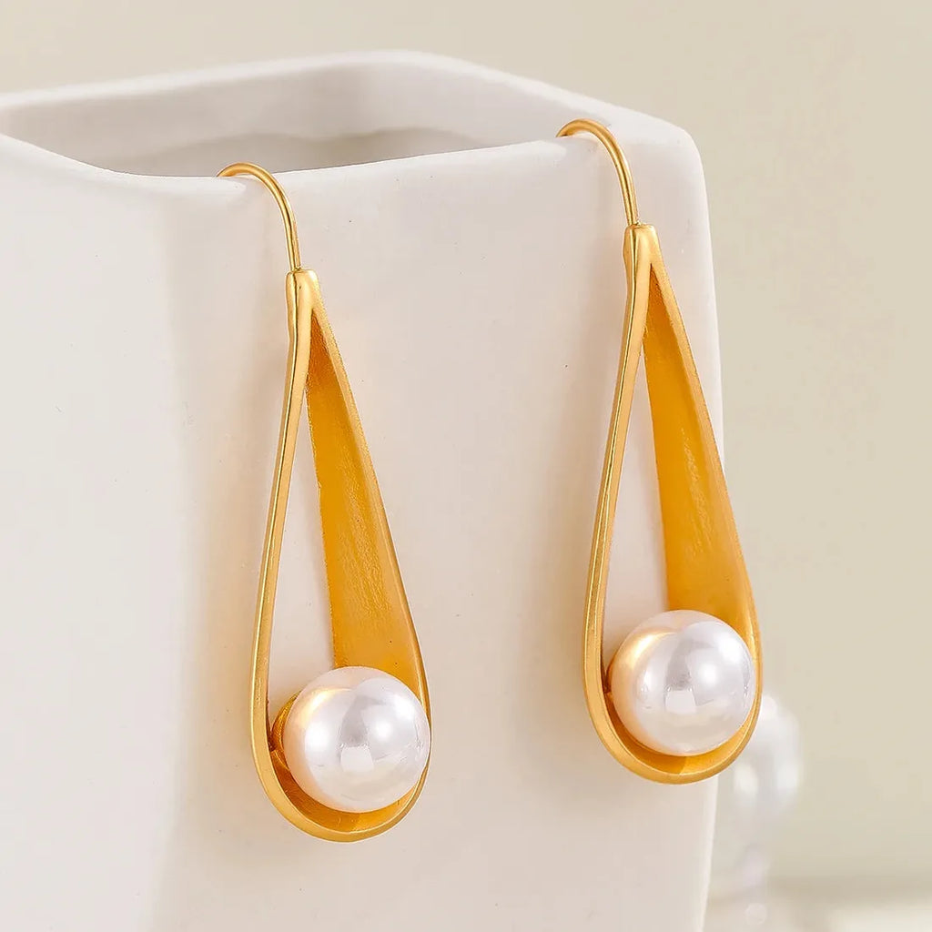 Geometric Hollow Out Imitation Pearl Drop Earrings for Women Bridal Wedding Jewelry