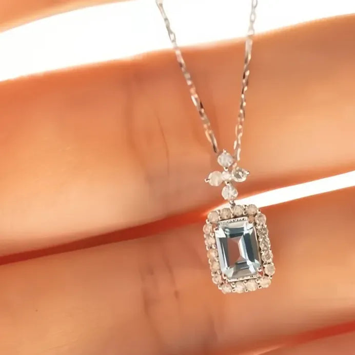 Light Blue Square Cubic Zirconia Pendant Necklace for Women Wedding
