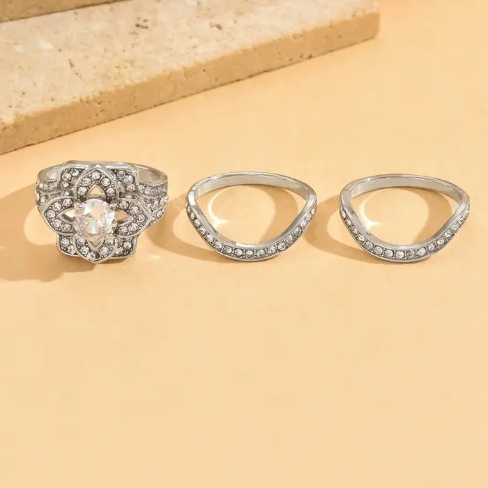 Elegant 3-Piece Women's Engagement Ring Set with Sparkling Zircon Flowers Zinc Alloy