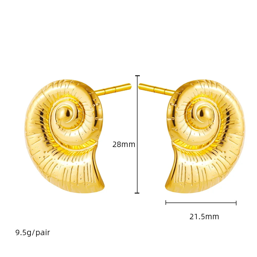 18K Gold Plated Stainless Steel Waterproof Ribbed Large Shell Stud Earrings