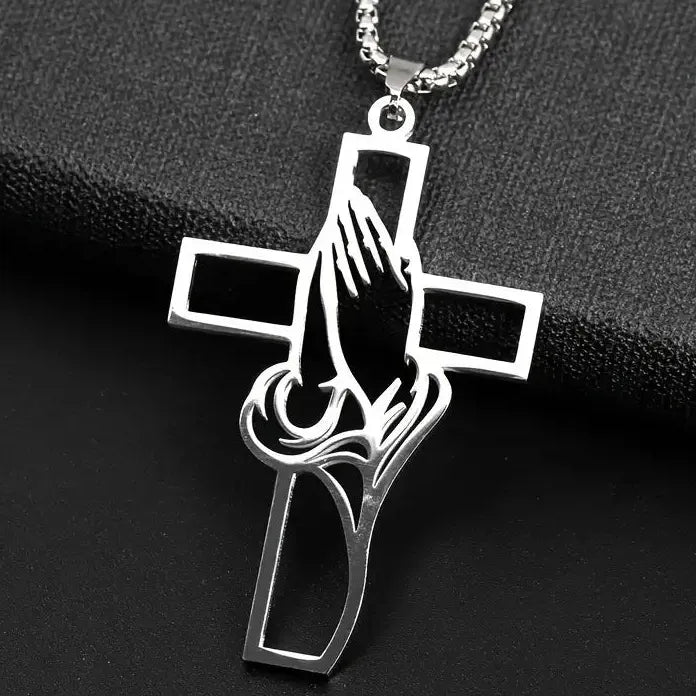 Stainless Steel Cross Pendant Necklace Men Hiphop Punk Pray Hands Gift