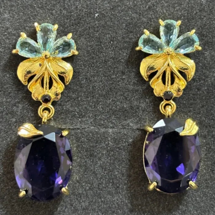 Purple Zircon Water Drop Flower Dangle Earrings Rhinestone Zinc Alloy Jewelry