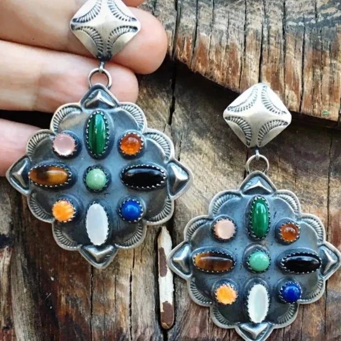 Retro Ethnic Style Antique Silver Drop Earrings with Colorful Gemstones, Lightweight Zinc Alloy