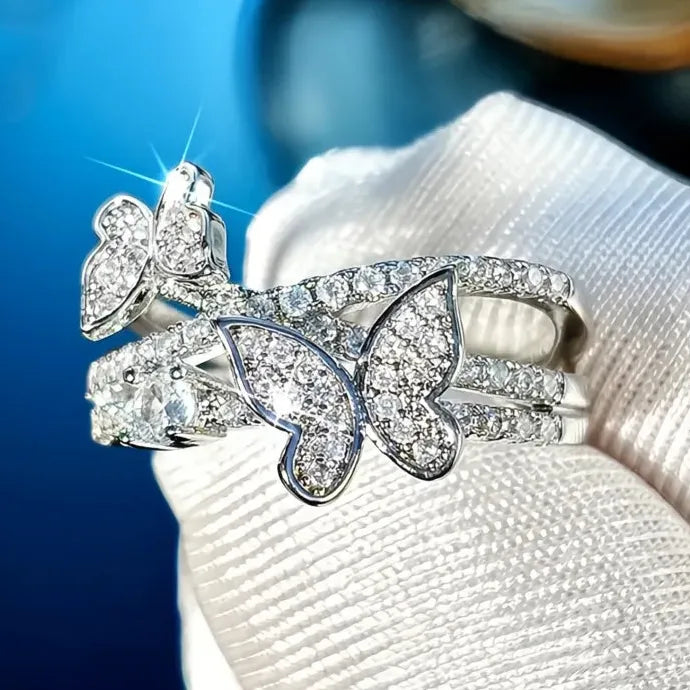 Romantic Double Butterfly Brass Wedding Ring with Cubic Zirconia for Women