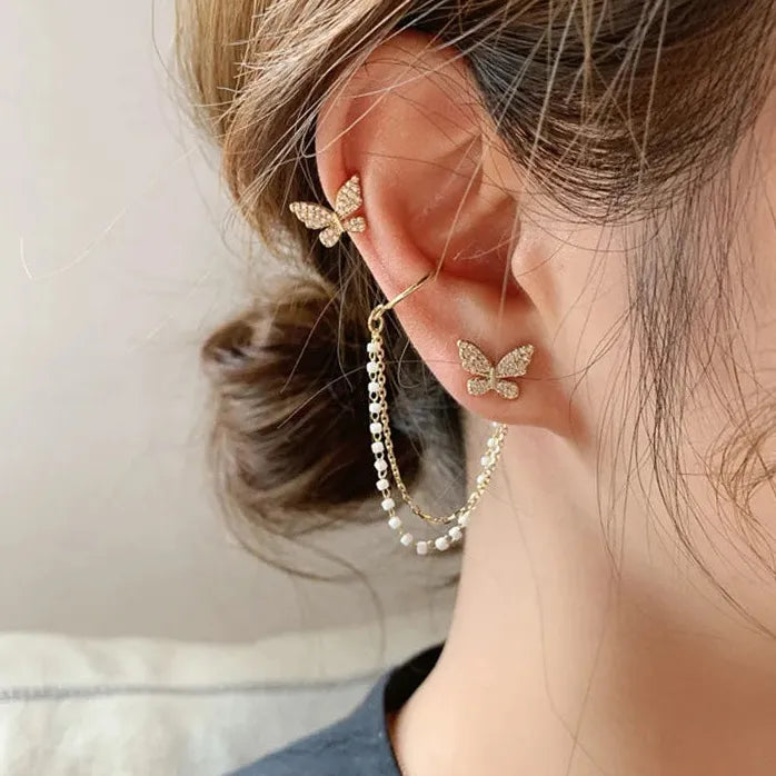 Long Tassel Clip Earrings for Women Girls Pearl Cubic Zirconia Fashion Jewelry