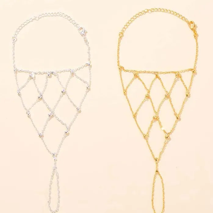 Bohemian Gold Mesh Hand Chain Bracelet Ring for Women Copper Rhinestone Bridal Gift