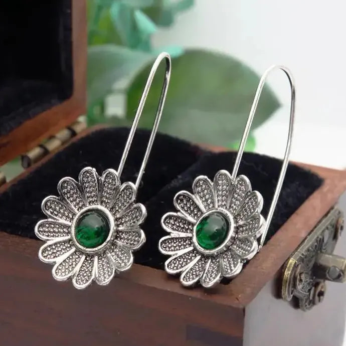 Vintage Green Flower Drop Earrings for Women Zinc Alloy Jewelry New Custom