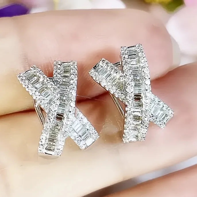 X Shaped Copper Alloy Stud Earrings with White Cubic Zirconia for Wedding