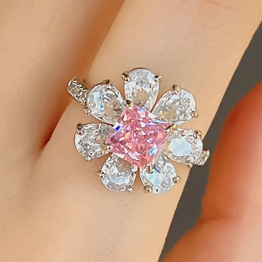 Pink Flower Cubic Zirconia Geometric Brass Ring for Women's Wedding Party