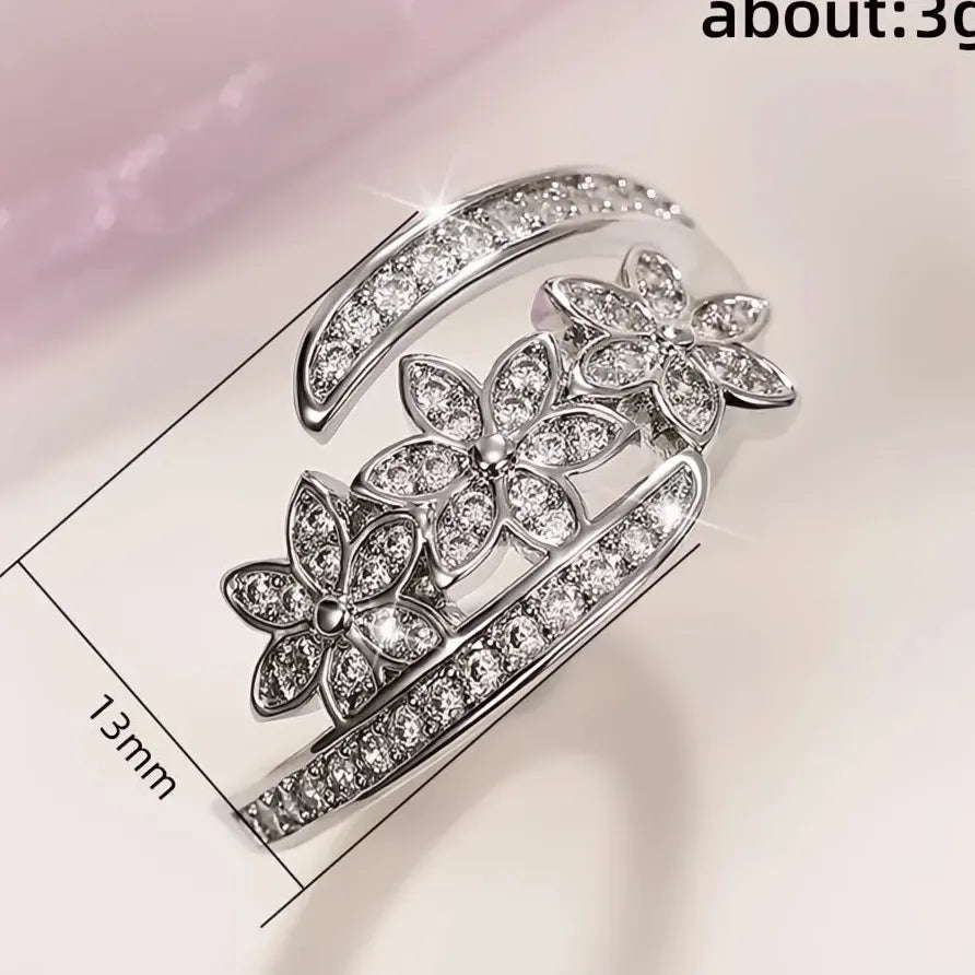 Geometric Crystal Flower Opening Ring Silver Plated Party Jewelry for Women