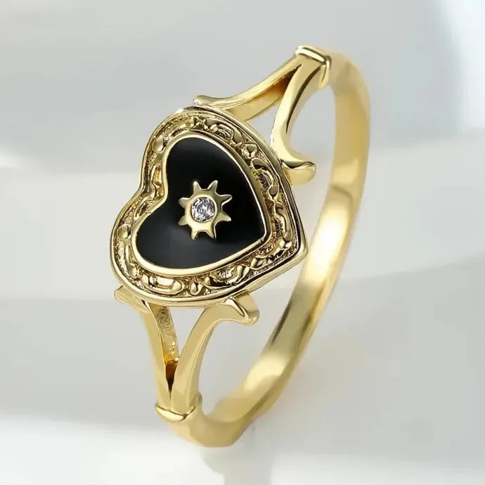 Black Heart Enamel Ring with Sun Design for Women Wedding Party Brass Cubic Zirconia