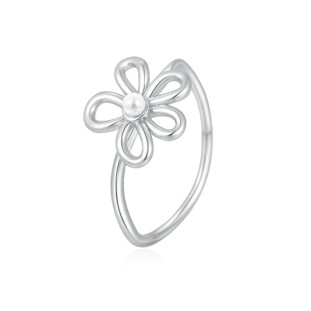 18K Gold Plated Stainless Steel Flower Ring with Imitation Pearl for Women Wedding
