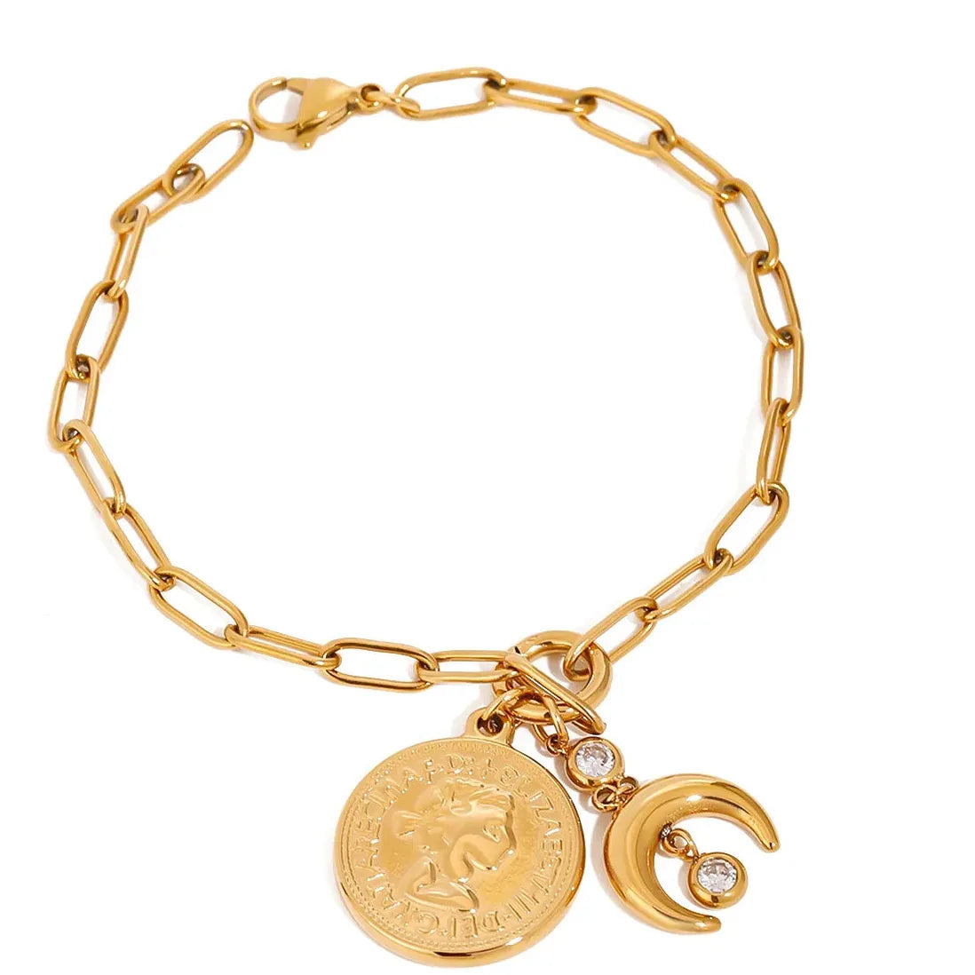 Punk Stainless Steel Moon Pendant Pearl Zircon Bracelet Bangle Women Gift