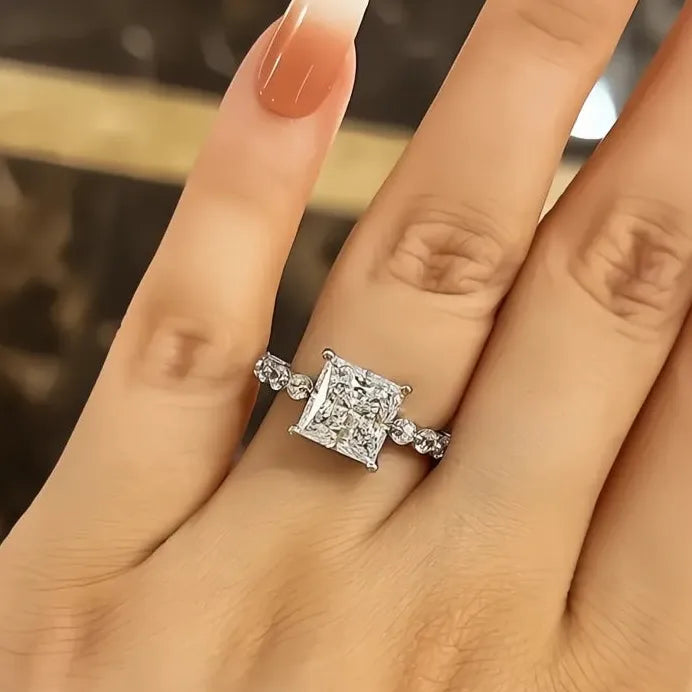 Princess Geometric Cubic Zirconia Wedding Engagement Ring Silver Tone