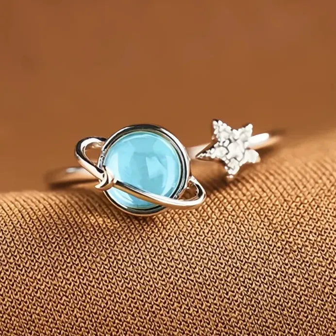 Geometric Blue Planet & Silver Star Pave Opening Rings for Women Gift