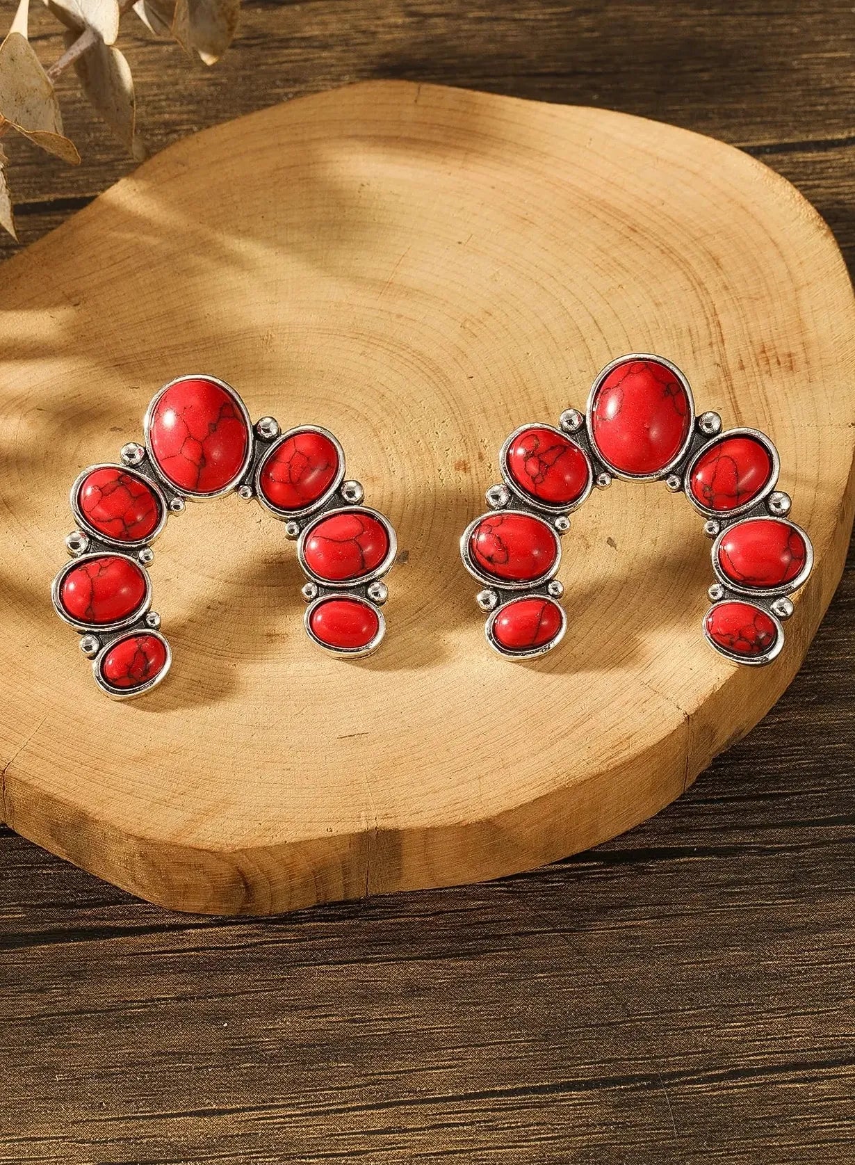 Vintage Tribal Ethnic Blue Rose Red Gemstone Zinc Alloy Earrings for Women