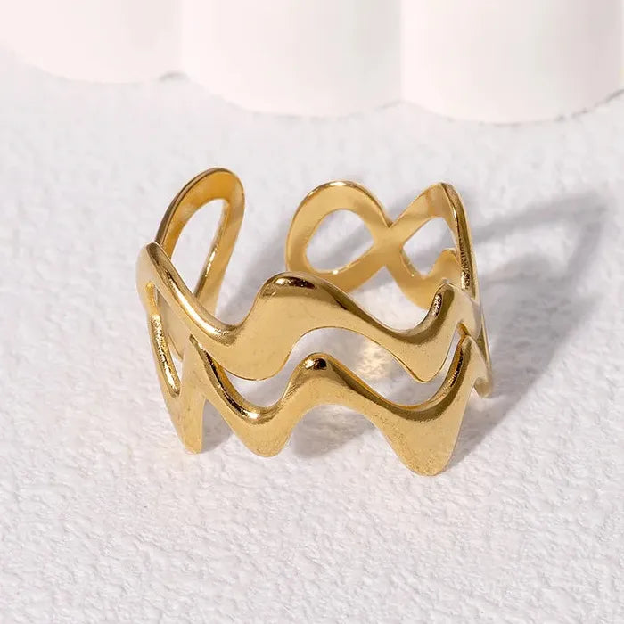 Adjustable Stainless Steel Gold Wave Ring for Women Men Geometric Jewelry