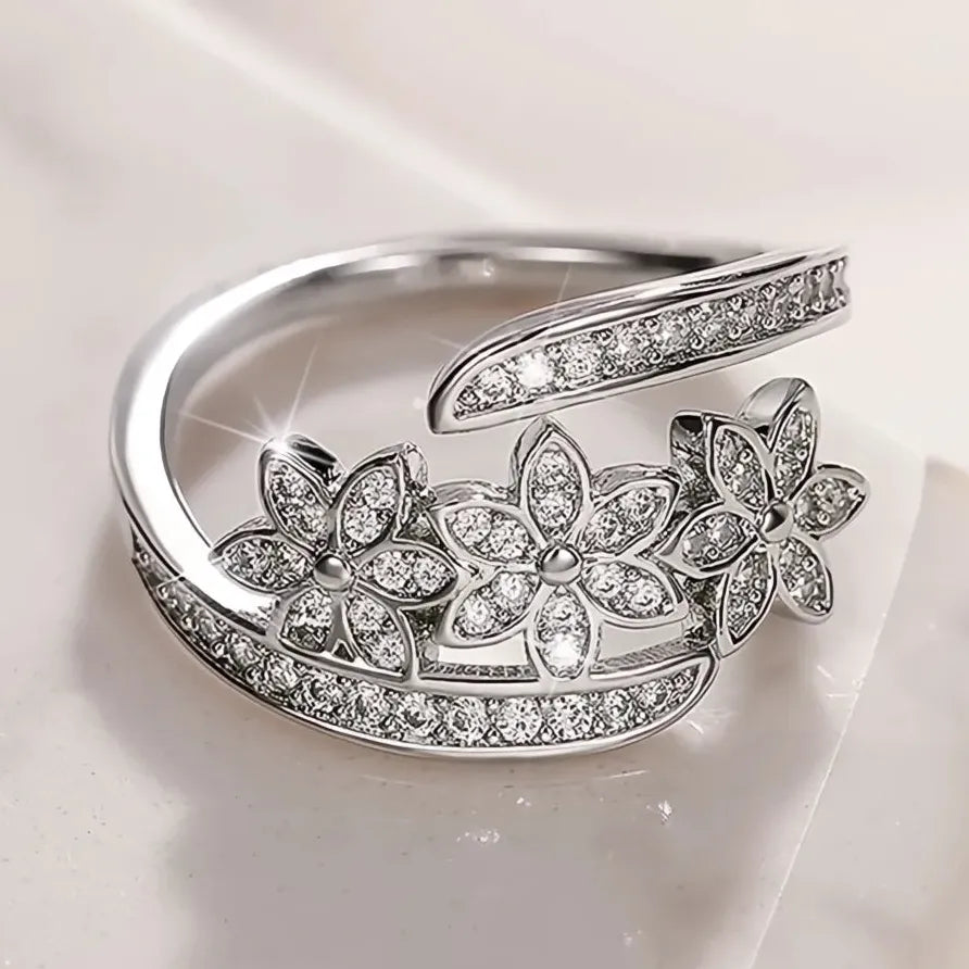 Geometric Crystal Flower Opening Ring Silver Plated Party Jewelry for Women