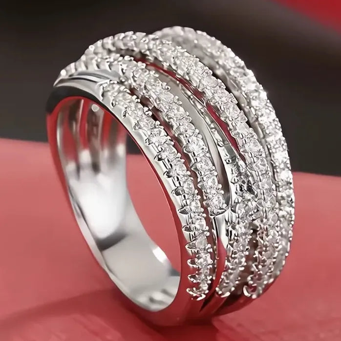 Luxury Women’s Multi-layered Cross Ring with Shiny CZ Silver & Gold