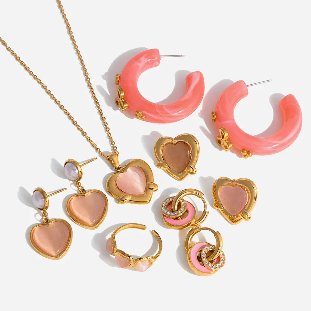 Pink Opal Love Heart Drop Earrings 18K Gold Plated Double Circle Hoops Bridal Jewelry